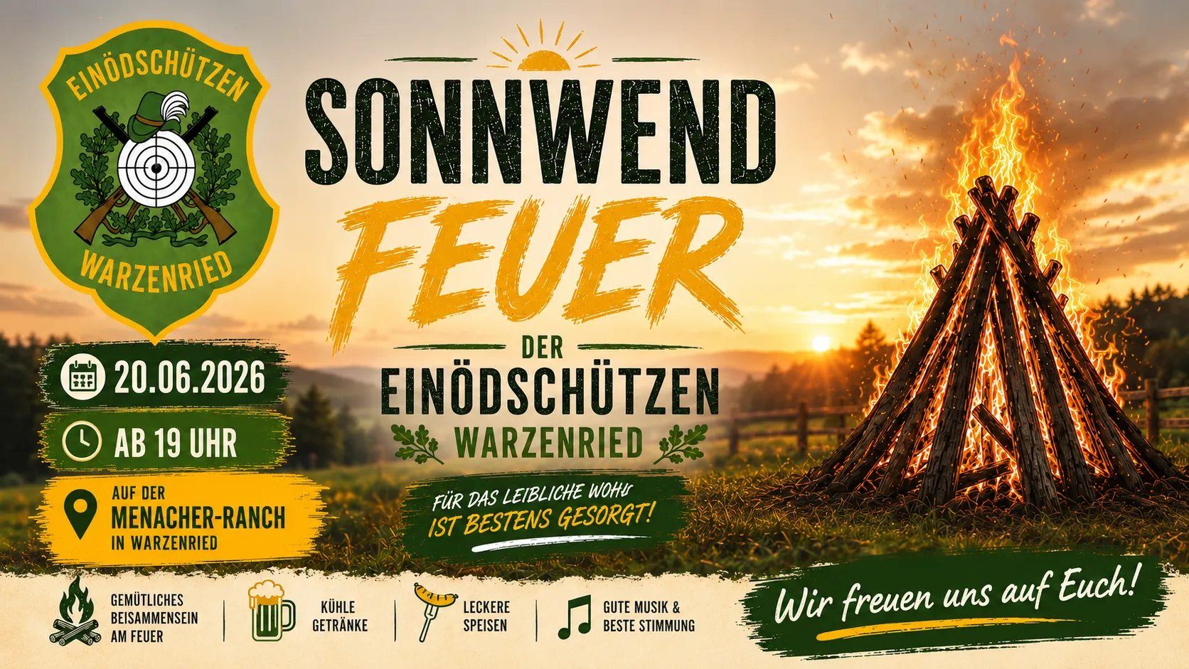 Plakat zum Sonnwendfeuer der Einödschützen Warzenried am 20. Juni 2026 ab 19:00 Uhr auf der Menacher-Ranch